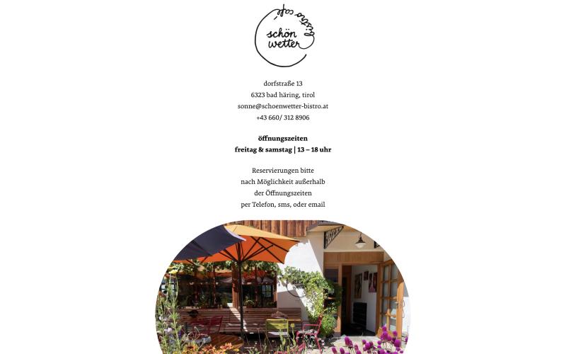 Bisherige Website von Café Schönwetter: Logo, Adresse, Kontaktdaten, Öffnungszeiten und ein rundes Bild, zentriert untereinander