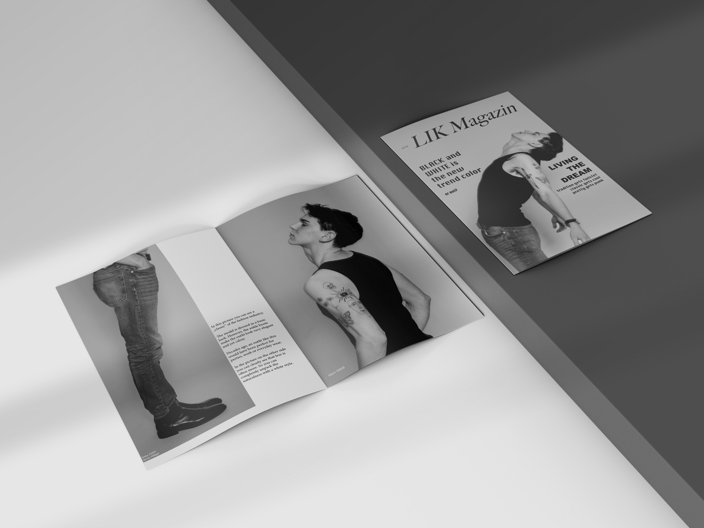 LIK Magazin: Cover und aufgeschlagene Doppelseite mit Schwarzweiß-Fotografie